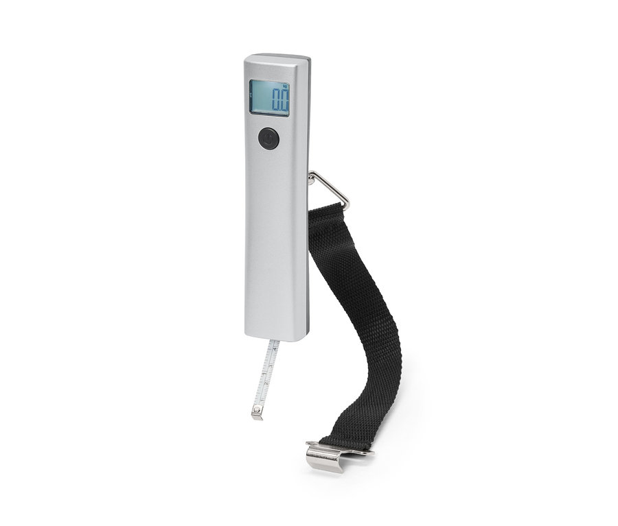 Gümüş gövdeye, ekrana ve siyah kayışa sahip dijital valiz terazisi.