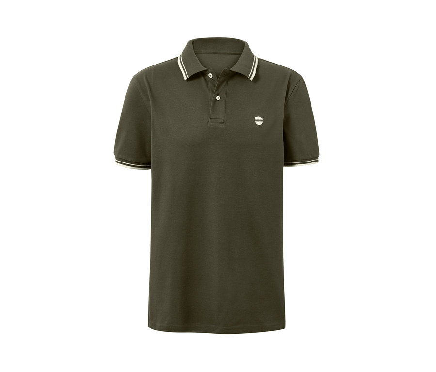 Zeytin yeşili, yakası ve kolları beyaz şeritli pike polo yaka tişört.
