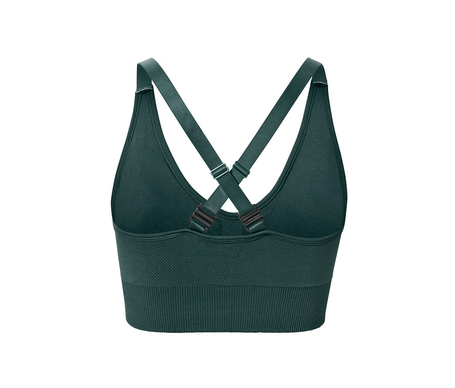 Koyu yeşil dikişsiz spor büstiyerin arka detay görünümü.
