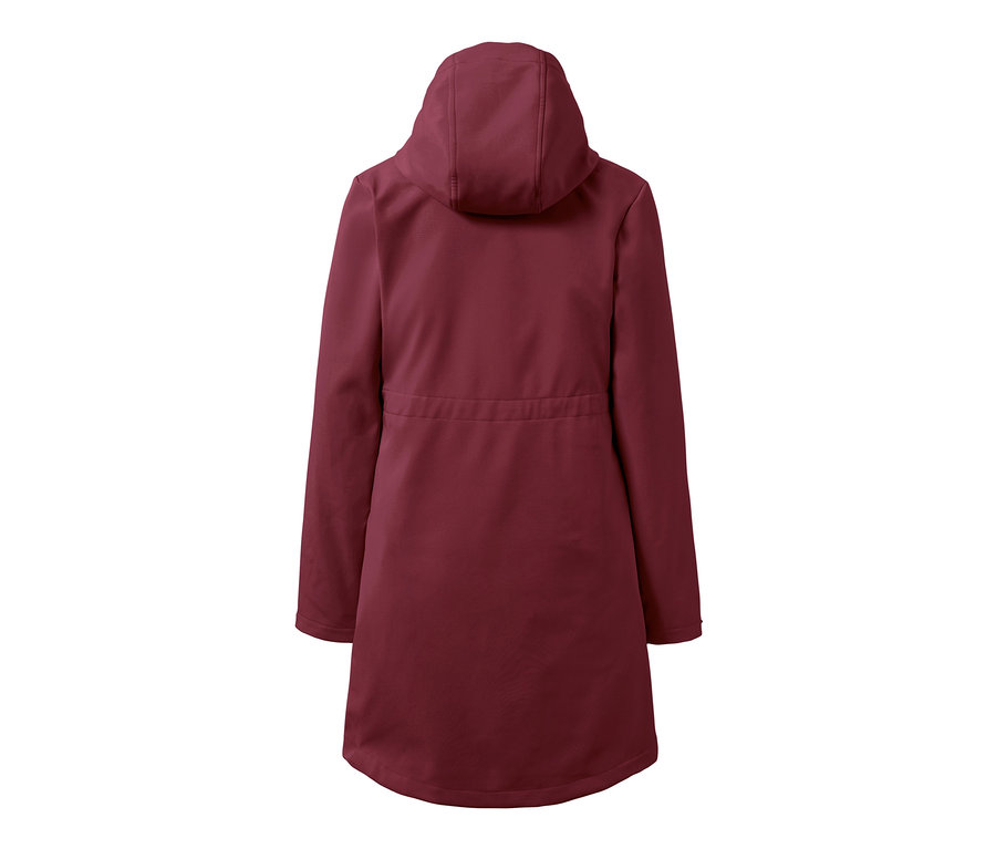 Şarap kırmızısı softshell palto arkadan.