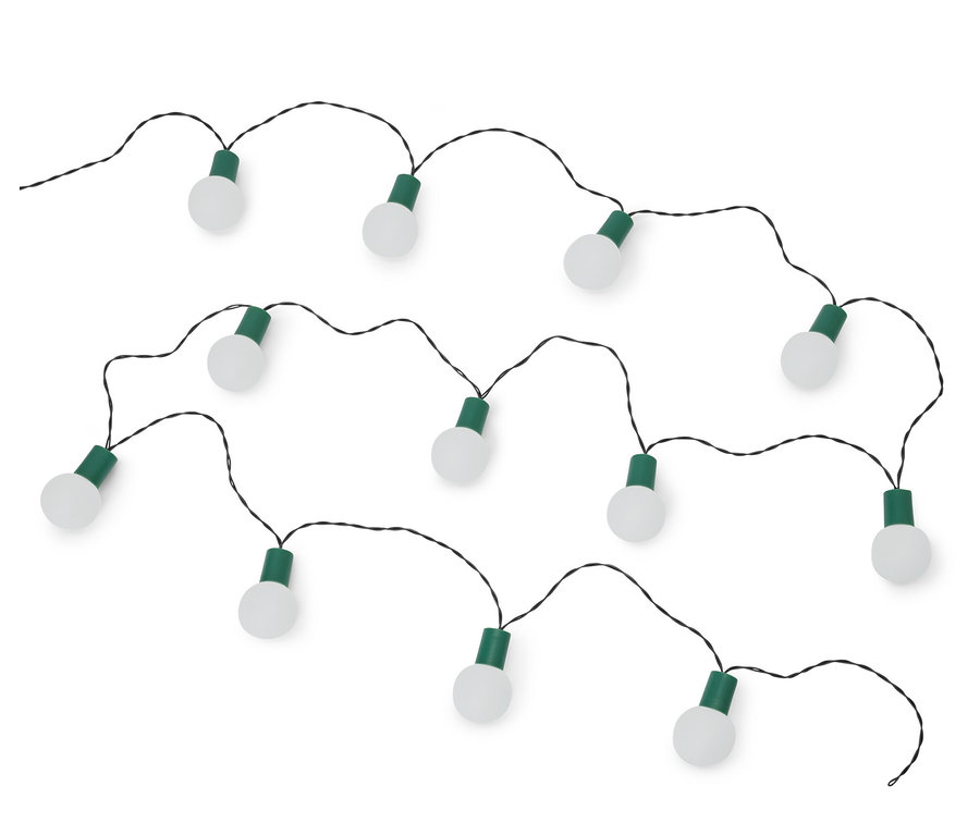 Siyah kablolu, on adet beyaz ampullü ve yeşil duy başlıklarına sahip bir LED Işık Zinciri.