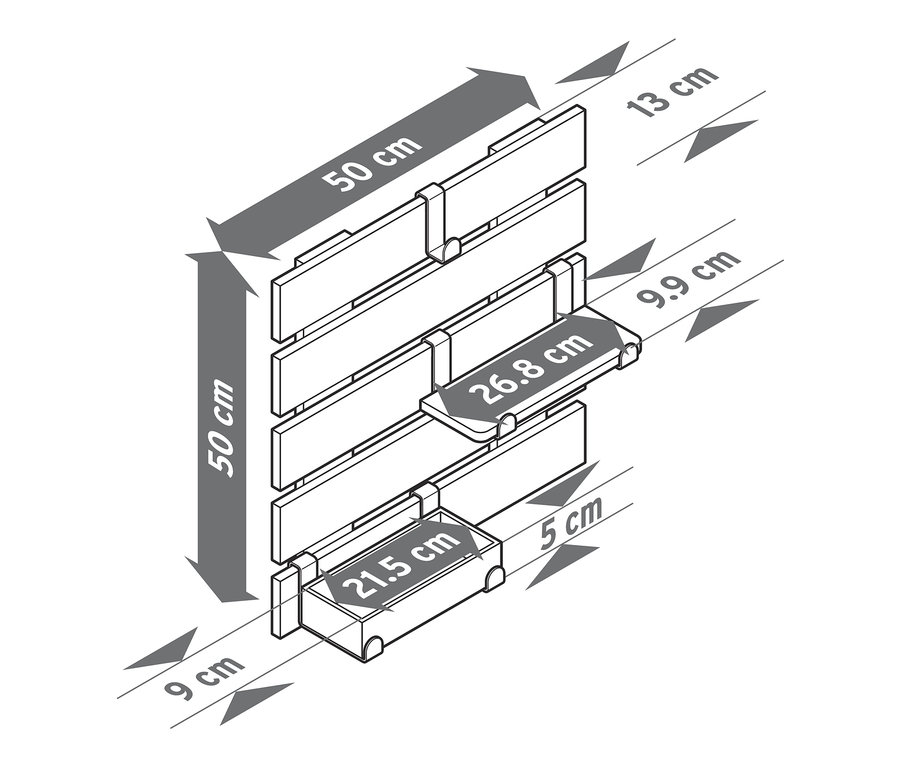Ölçüleriyle birlikte esnek kancalı ve tabanlı duvar rafı.