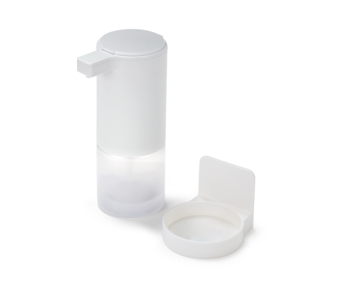 Beyaz sensörlü sıvı sabunluk ve tutucu.