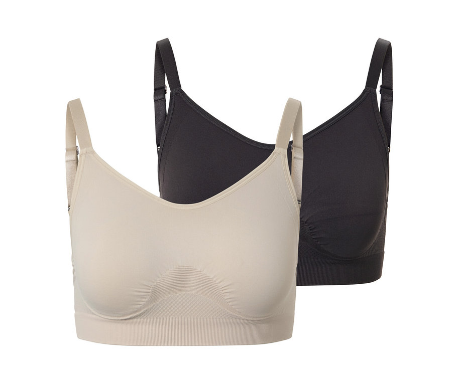 Kahverengi ve kum rengi iki adet dikişsiz spor sütyeni.