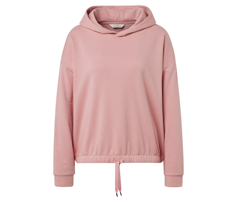 Pembe, uzun kollu ve etek ucunda büzgü bulunan kapüşonlu sweatshirt.