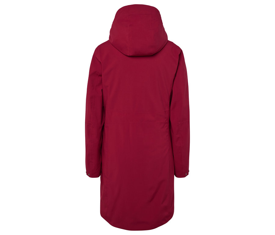 Bordo kapüşonlu bir ceketin arka görünümü.