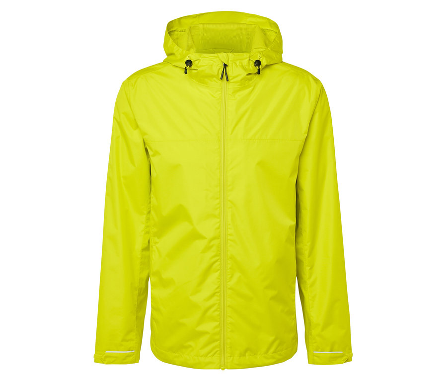 Kapüşonlu ve fermuarlı sarı yağmurluk ceket.