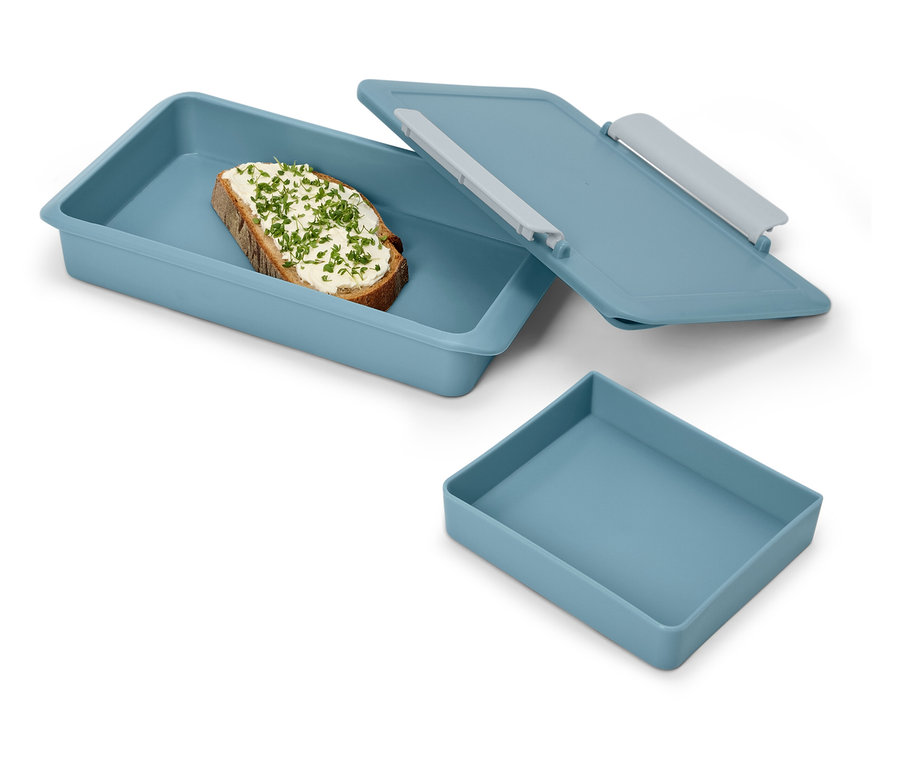 Mavi kapaklı bir yemek kutusunda otlu bir sandviç ve boş mavi bir kap.