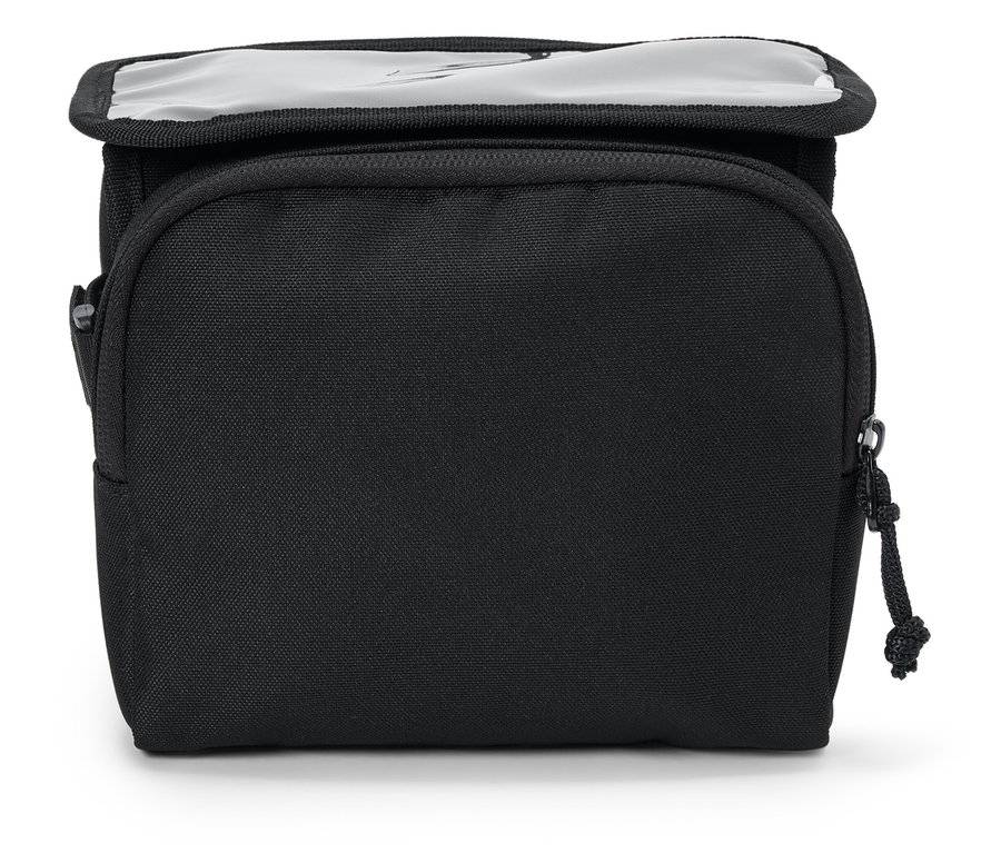 Şeffaf plastik kapaklı siyah çanta.