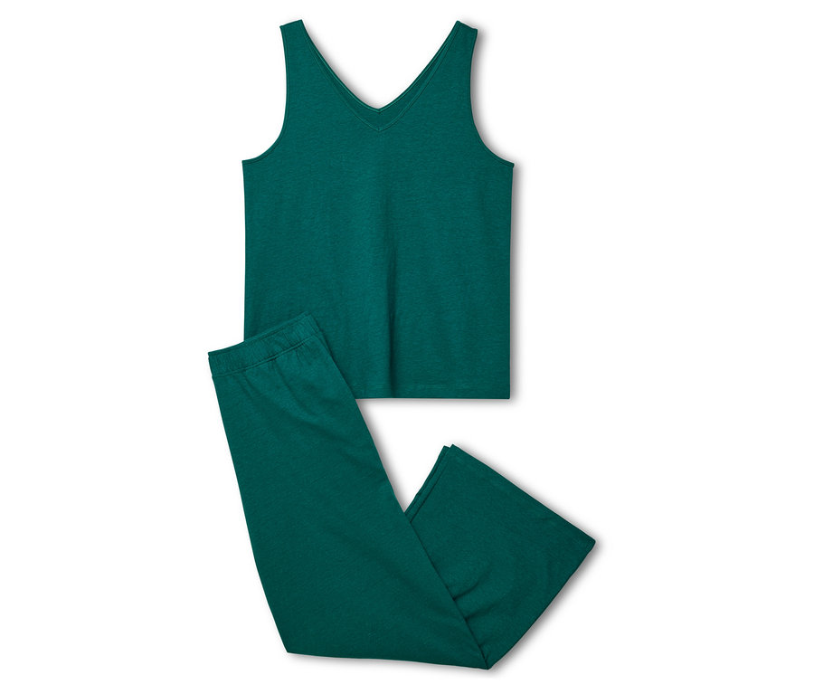 Koyu yeşil 7/8 pijama takımı, V yaka kolsuz üst ve pantolondan oluşuyor.