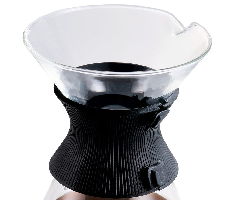 Siyah plastik tutuculu BEEM Pour Over, 0,75 l cam sürahi detayı.