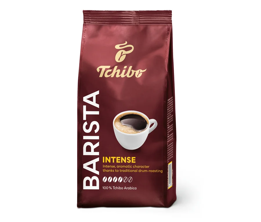 Bir paket Tchibo Barista Intense 250g öğütülmüş kahve. Ambalajın üzerinde bir fincan kahve resmi var.