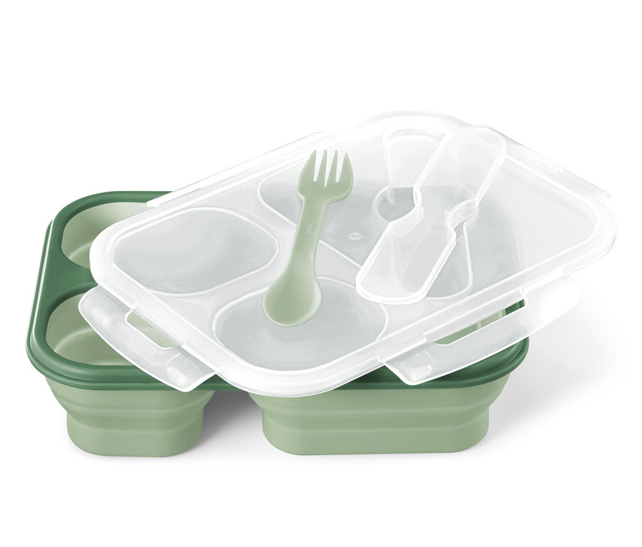 Şeffaf kapaklı ve yeşil çatallı katlanabilir yeşil yemek kutusu.