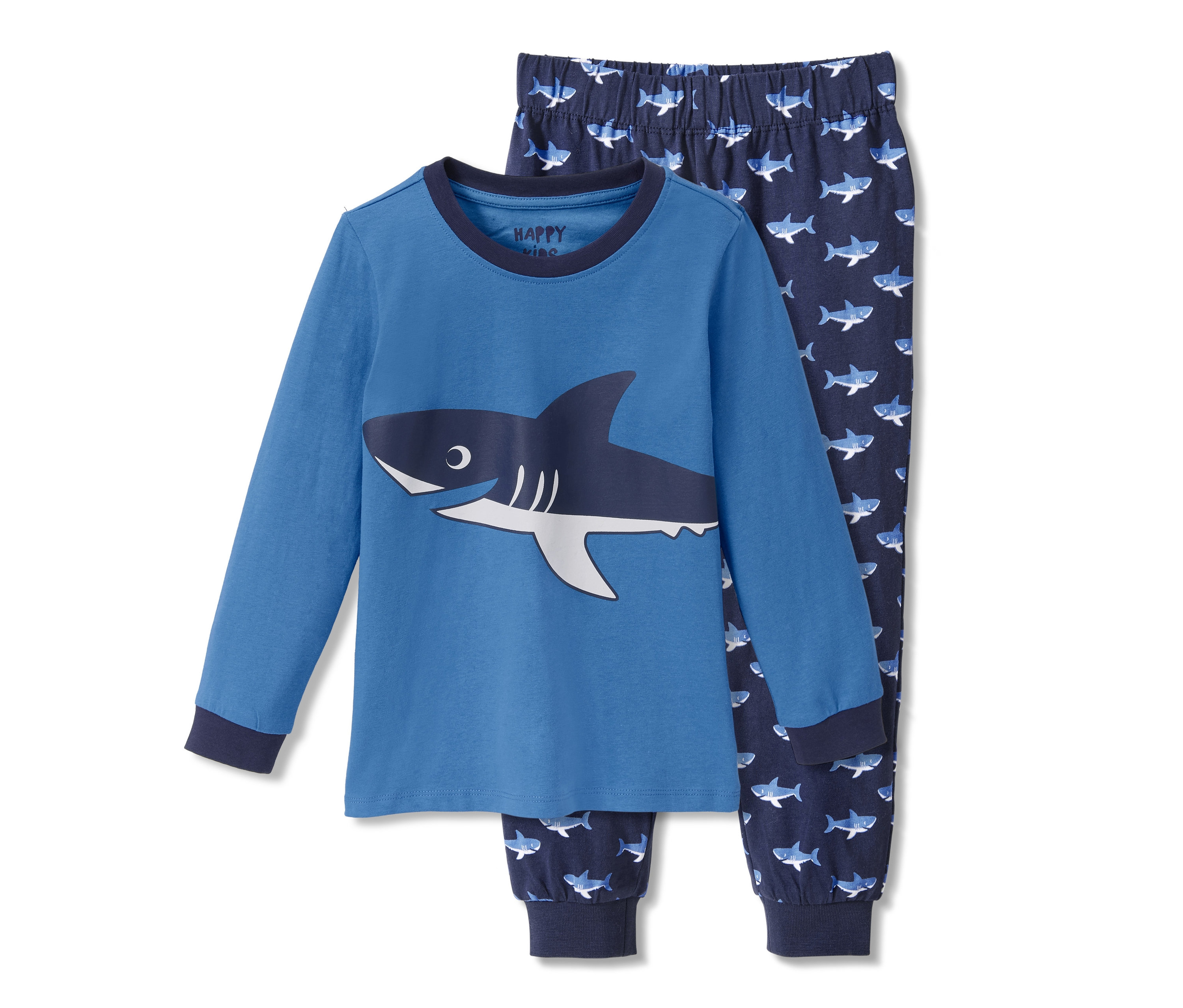 Köpekbalığı baskılı uzun kollu üst ve köpekbalığı baskılı pantolonlu mavi pijama.