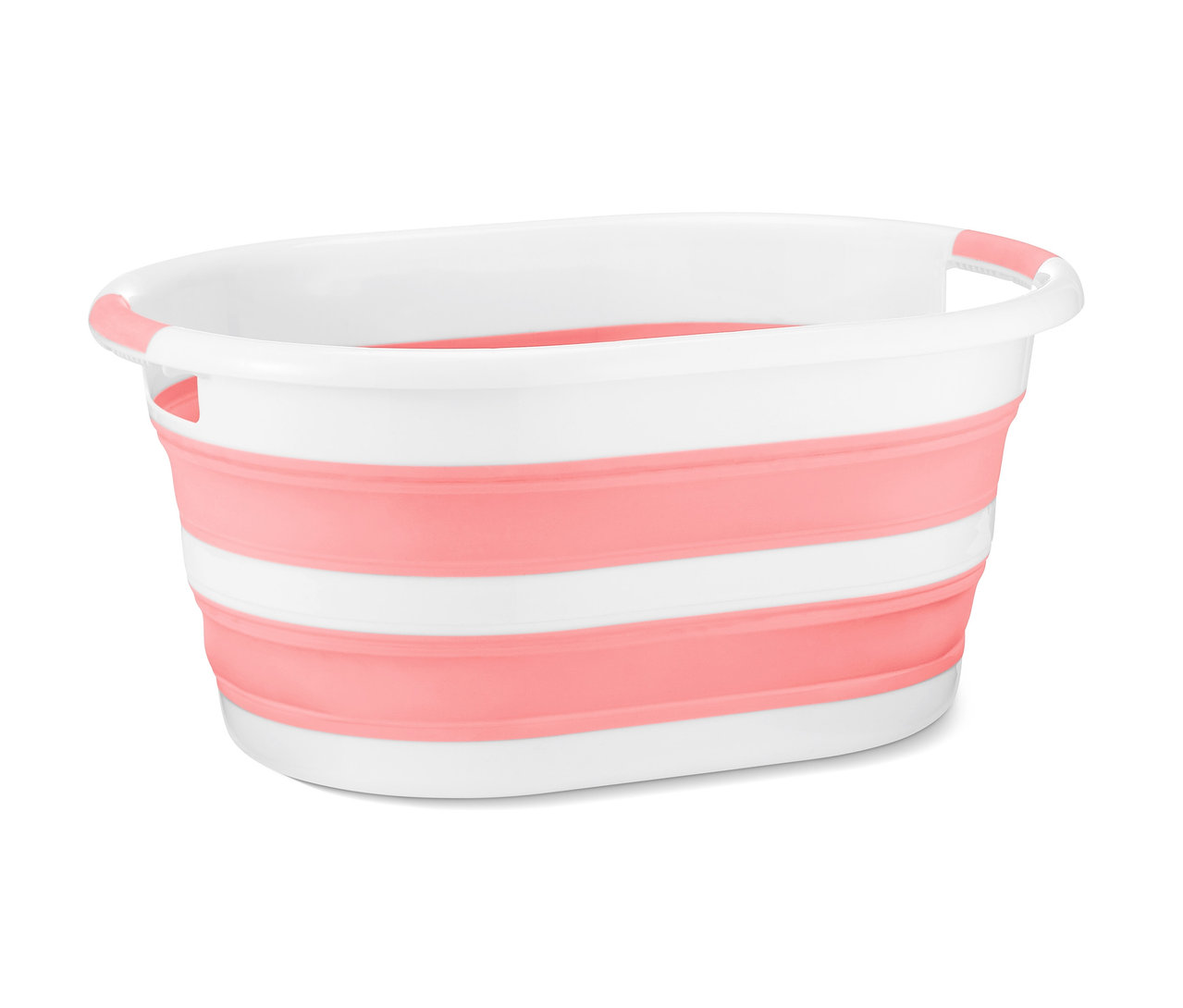 Beyaz ve pembe katlanabilir çamaşır sepeti.