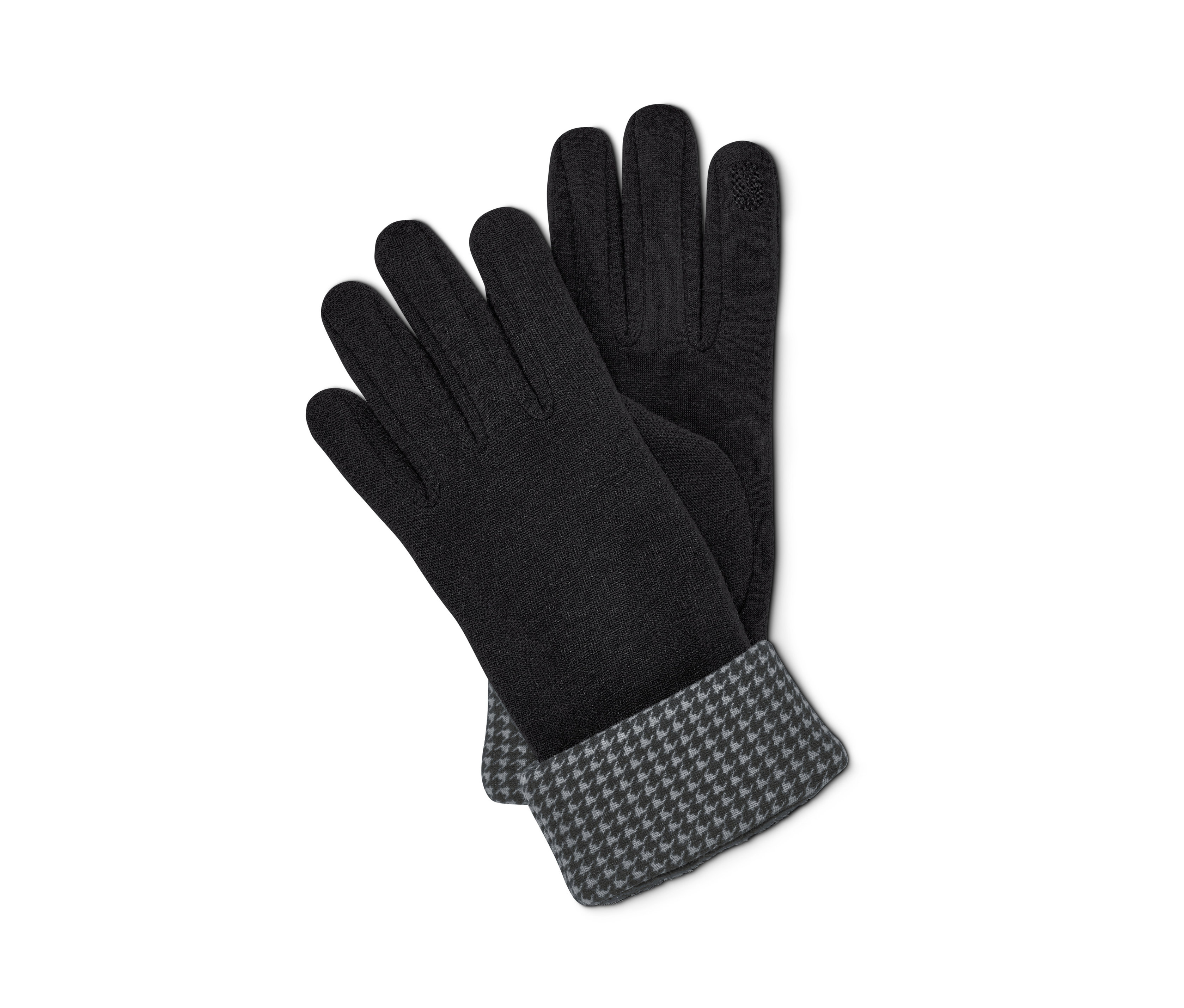 İki adet Kumaş Eldiven üst üste duruyor. Eldivenler siyah renkte ve manşetlerinde gri kazayağı deseni bulunuyor.