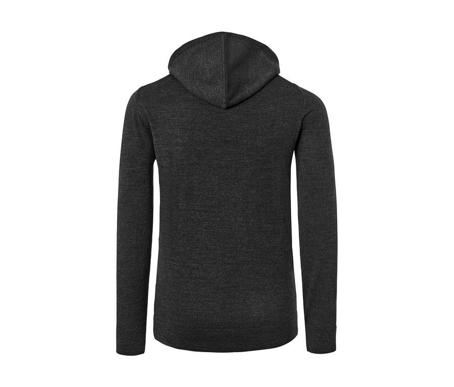 İnce örme kapüşonlu sweatshirt'ün arka görünümü.