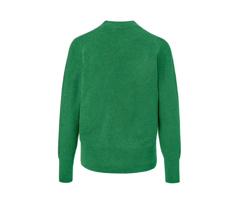 Yeşil, ince örgülü kazağın arka görünümü.