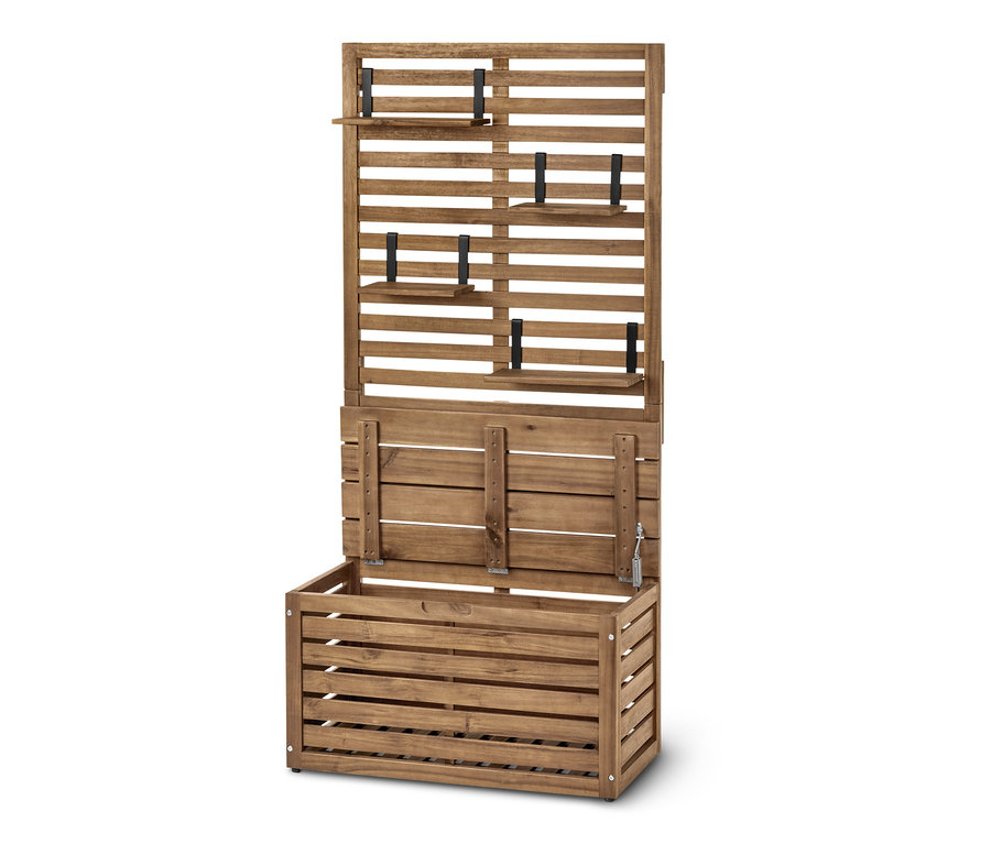 Kahverengi ahşaptan yapılmış, açık depolama alanı ve küçük rafları olan »Lenja« balkon paravanlı saklama sandıklı bankı.