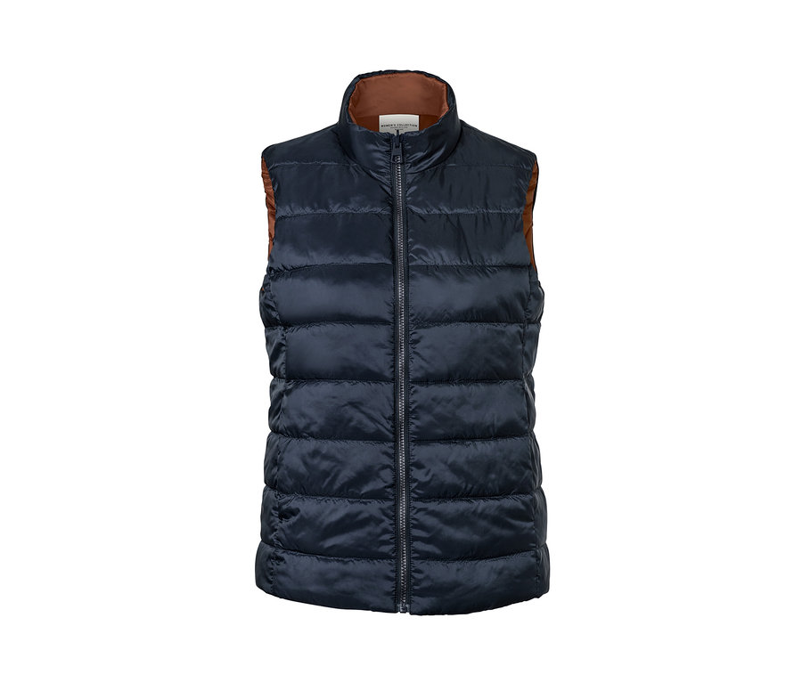 Kahverengi iç yüzü olan lacivert Çift Taraflı Yelek.