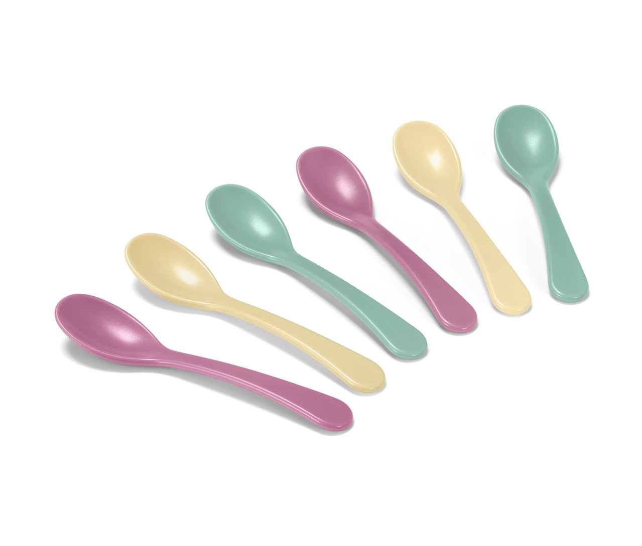 Altı adet renkli yumurta kaşığı beyaz bir arka plan üzerinde çapraz şekilde duruyor.