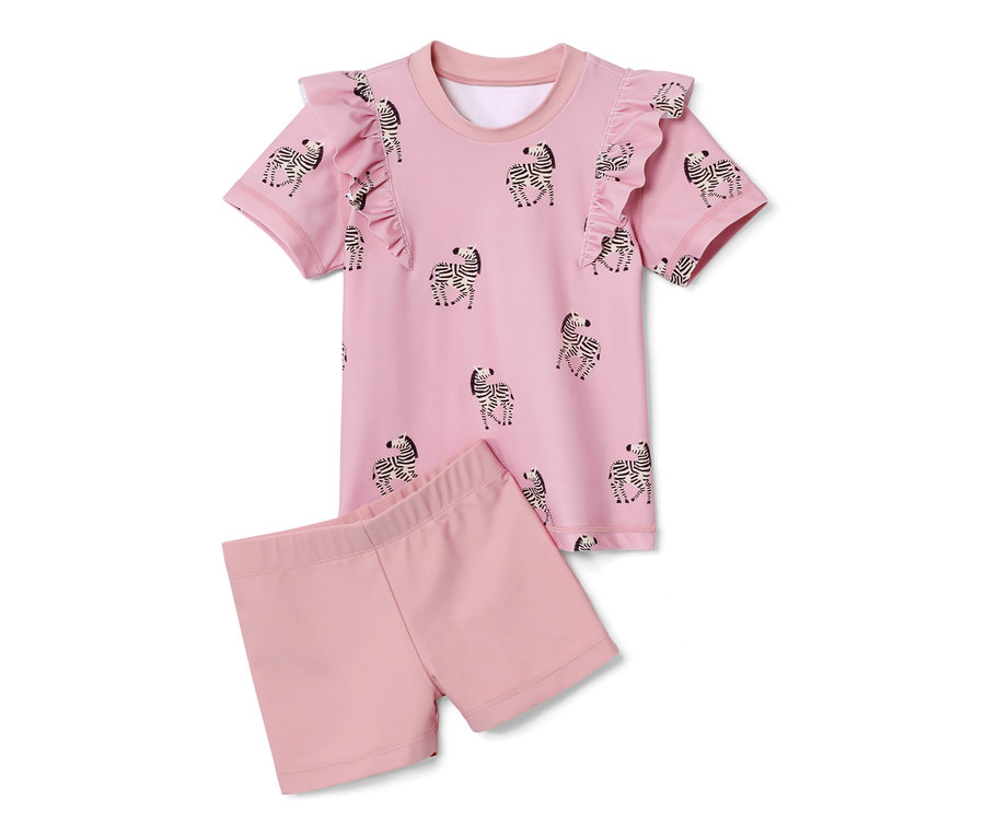 Zebra desenli pembe Küçük Çocuk 80 Faktör UV Korumalı Takım, kısa kollu bir tişört ve şorttan oluşuyor.