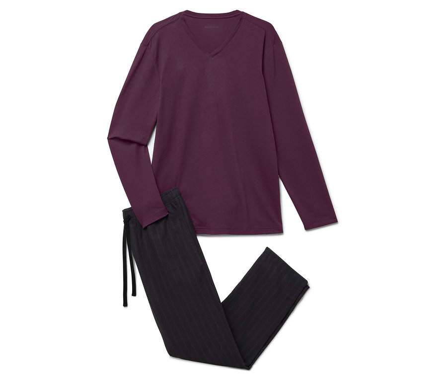 Mor uzun kollu pijama üstü ve büzgülü siyah çizgili pijama altı.