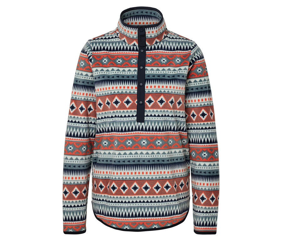 Düğmeli, desenli polar kazak.