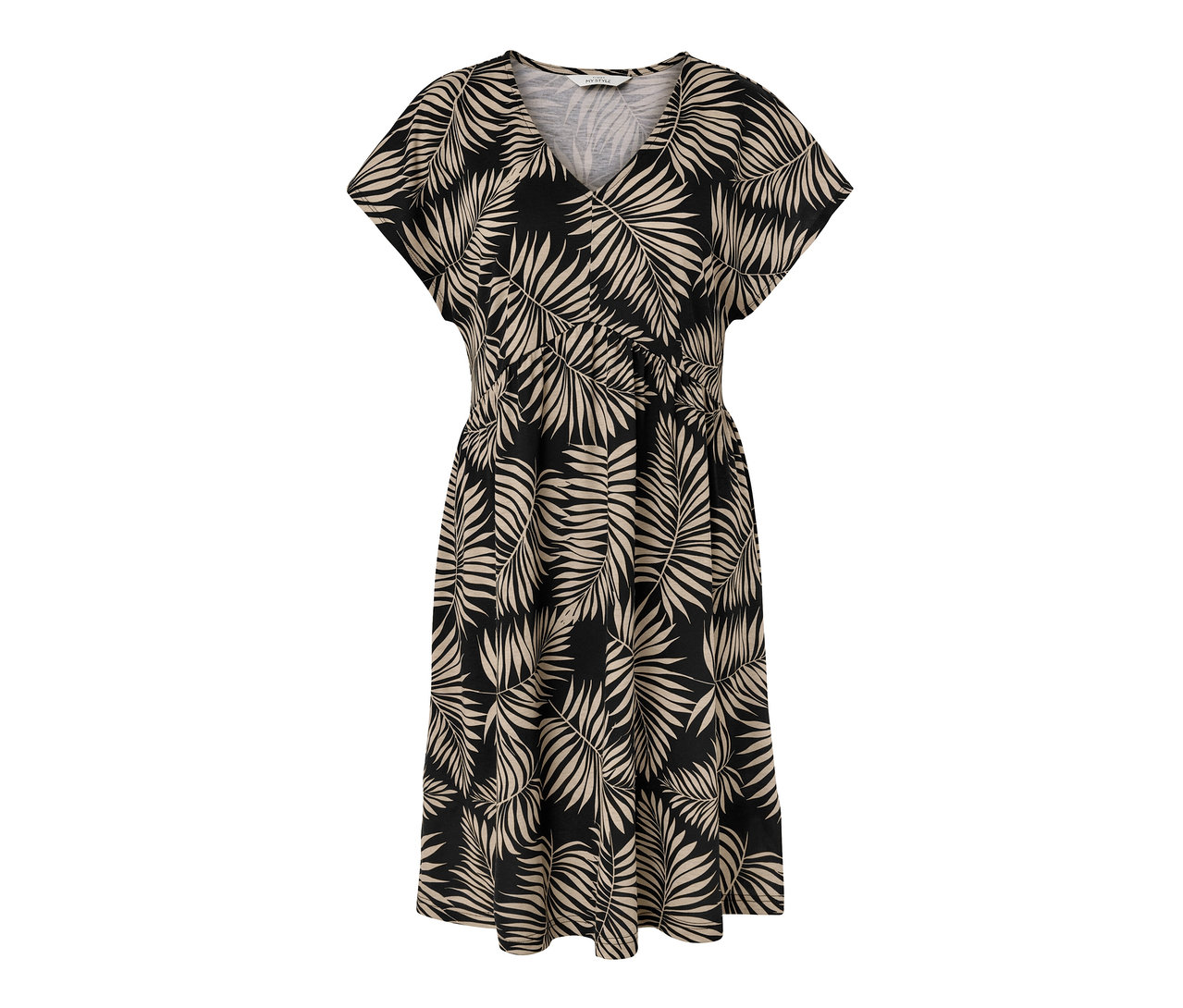 Siyah ve bej yaprak desenli baskılı jarse elbise.