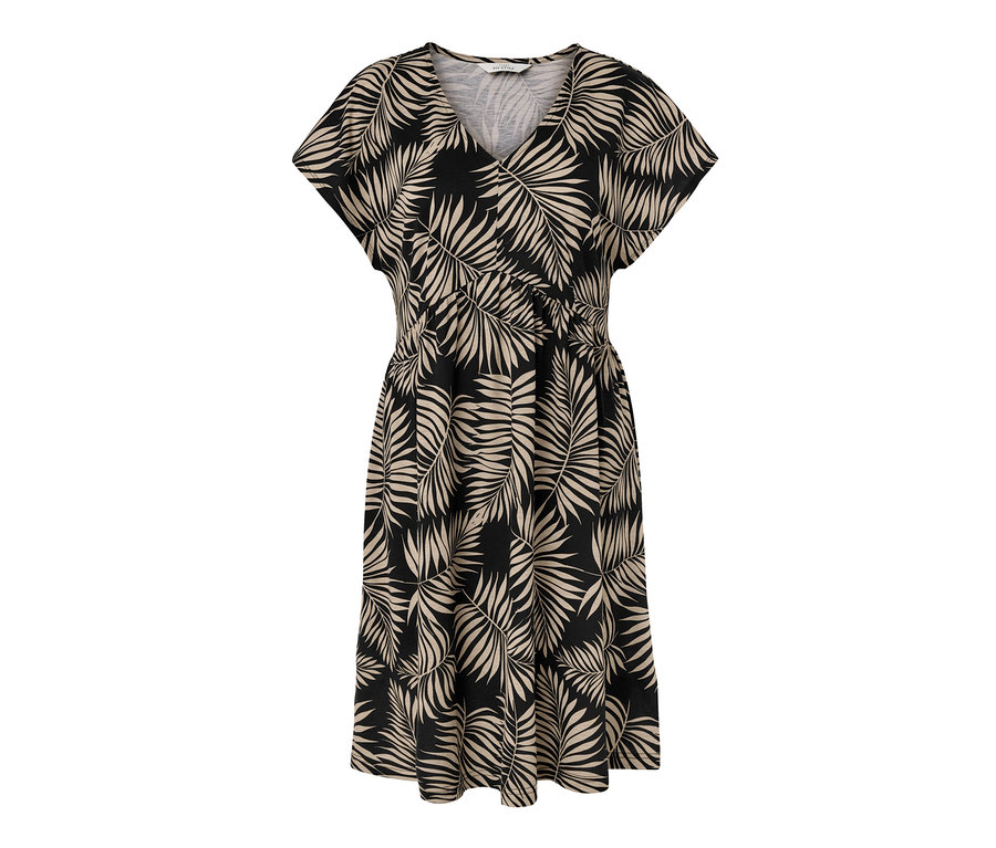 Siyah ve bej yaprak desenli baskılı jarse elbise.