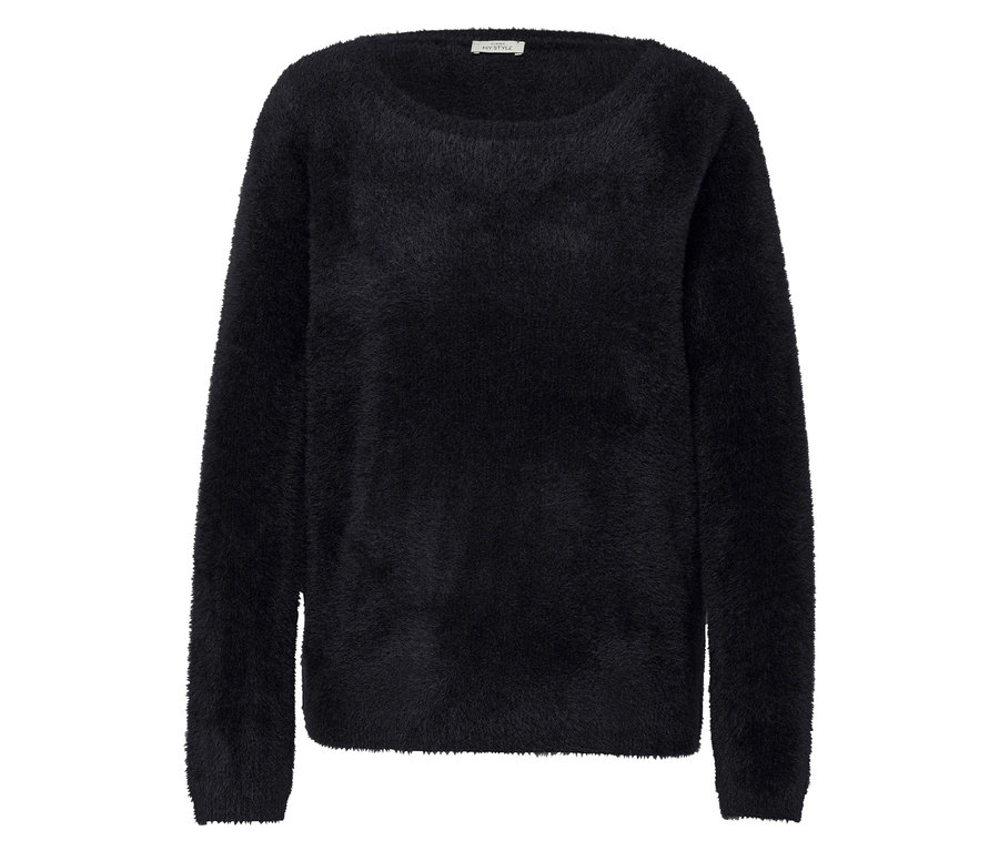 Siyah, tüylü, uzun kollu kazak.