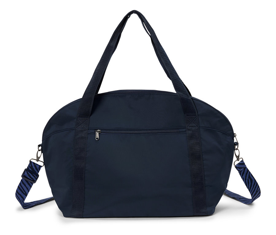 Lacivert taşıma kollu ve mavi çizgili omuz askılı seyahat çantası.