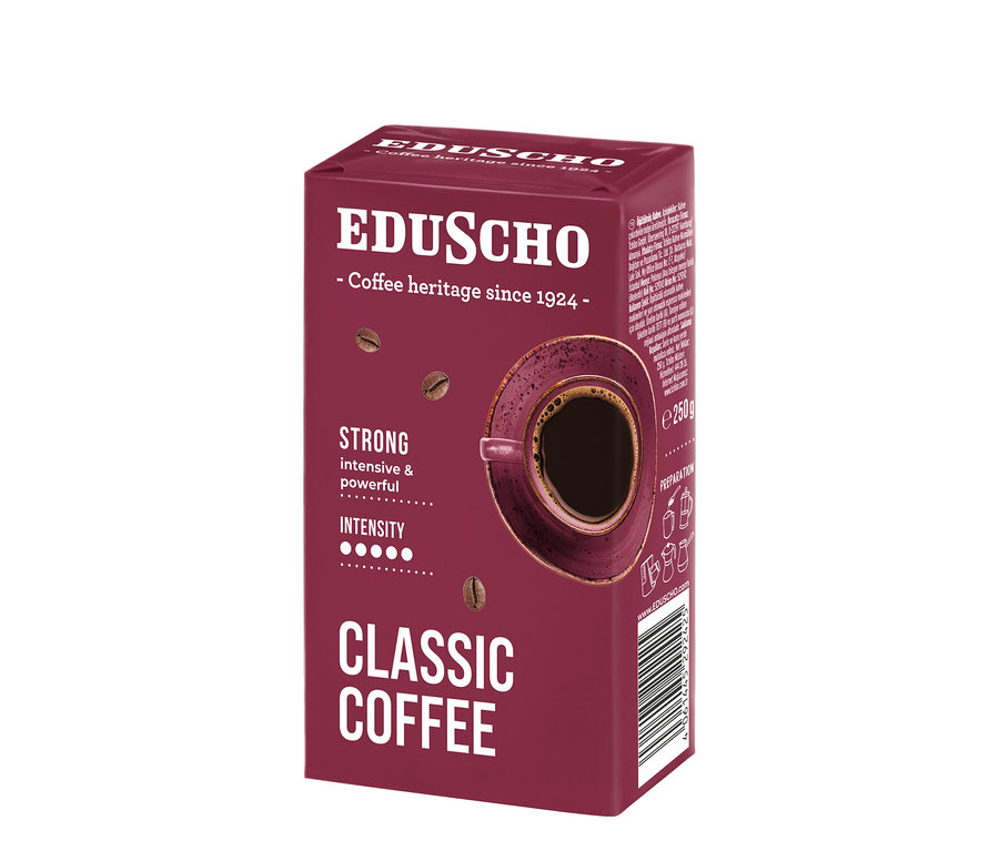 250 g ağırlığında Eduscho Classic Coffee Strong Öğütülmüş Filtre Kahve paketi.