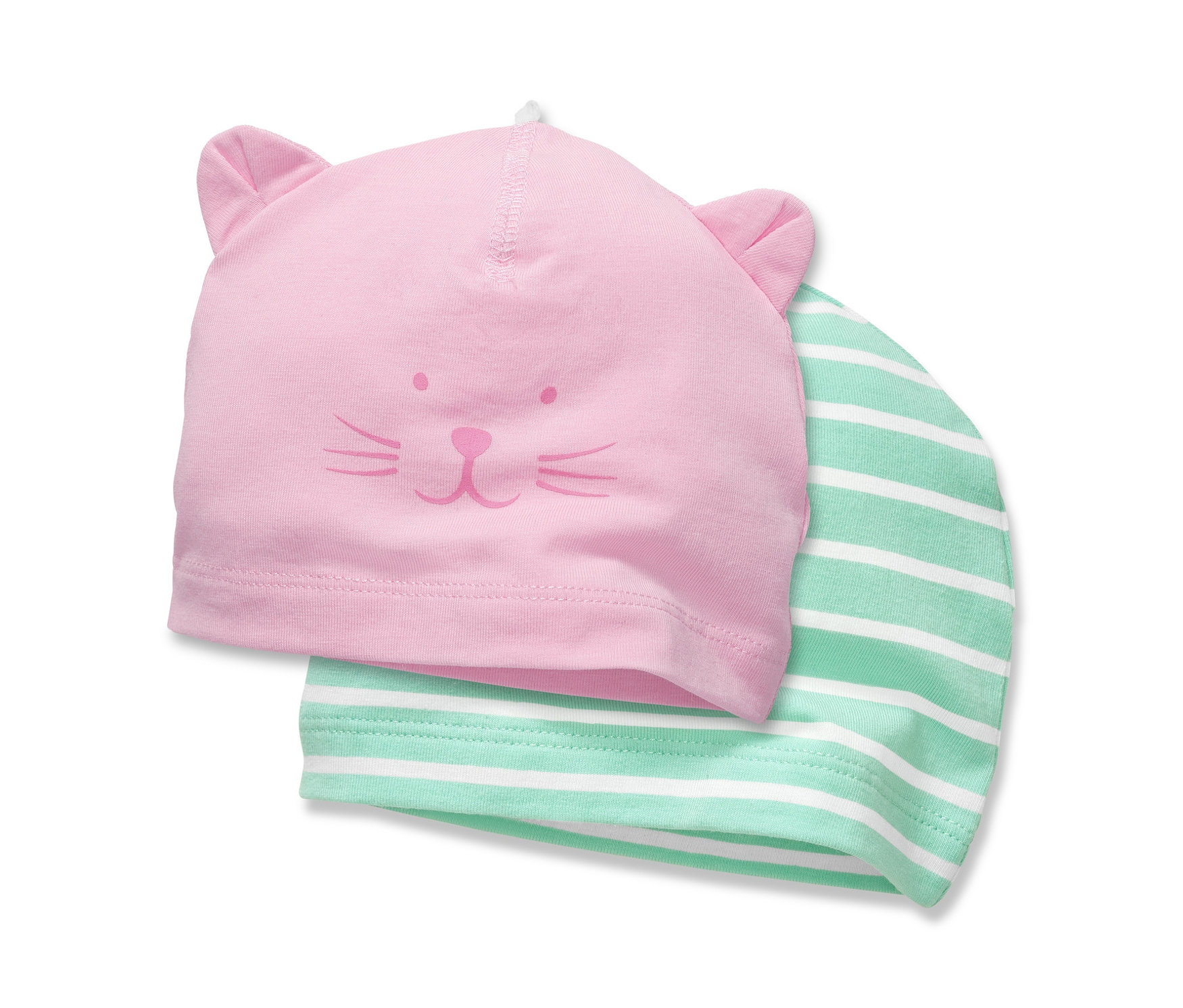 İki bebek şapkası: biri pembe kedi yüzlü, diğeri yeşil beyaz çizgili. 2 Adet Bere