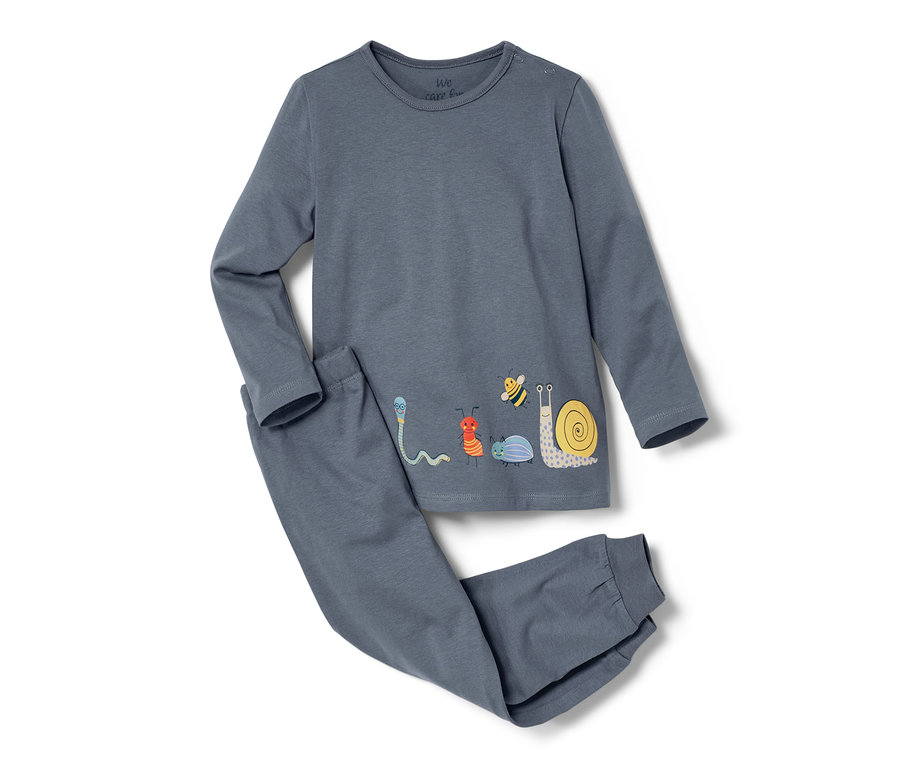 Böcek baskılı mavi küçük çocuk pijama takımı.