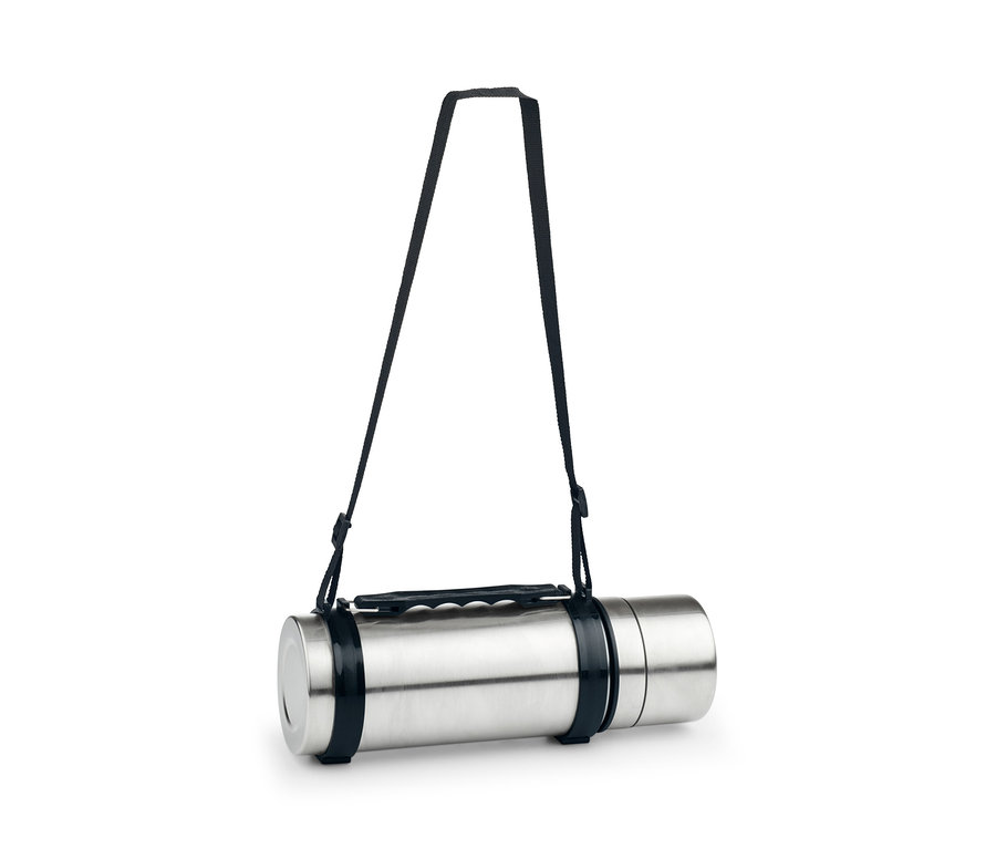 Siyah askılı, 2 bardaklı paslanmaz çelik termos.