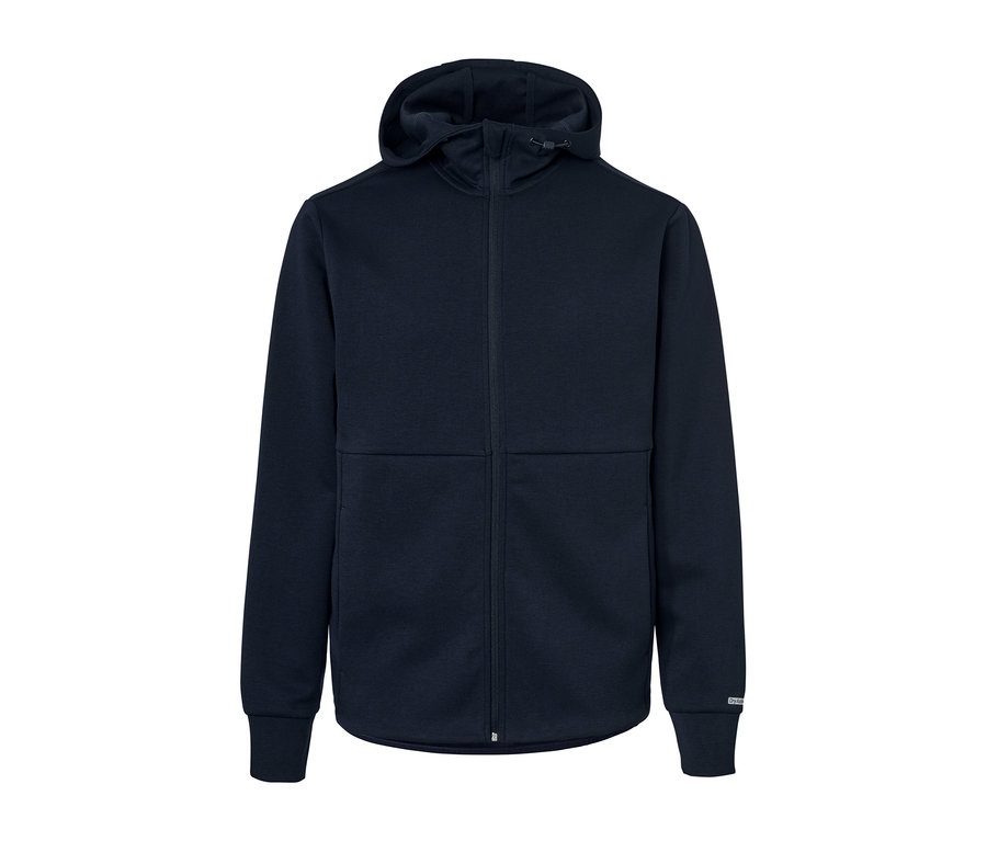 Kapüşonlu ve fermuarlı lacivert fonksiyonel sweatshirt ceket.