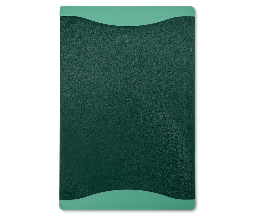 Her iki tarafında akuamarin dalgalı tutamakları olan yeşil kesme tahtası.