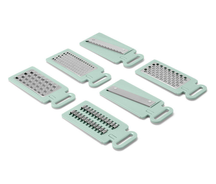 Beyaz bir arka plan üzerinde düzenlenmiş, farklı bıçaklara sahip altı açık yeşil rende.