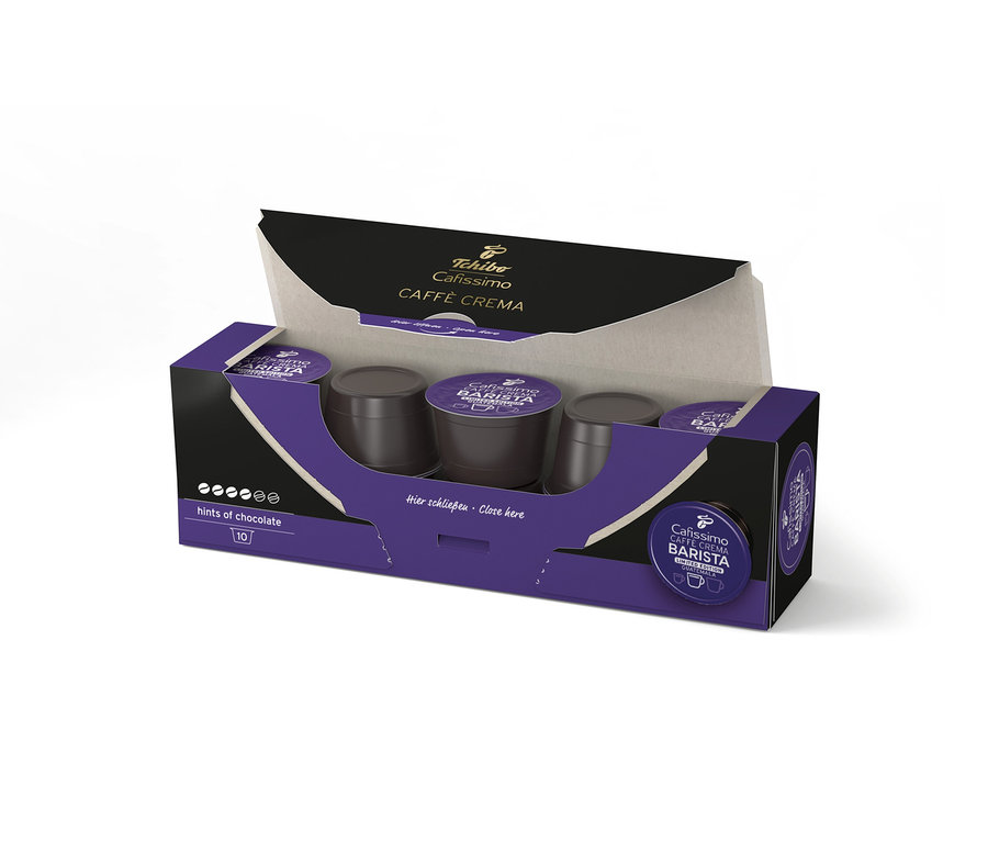 Açık Cafissimo BARISTA Caffè Crema Guatemala - İçinde kahverengi kapsüller bulunan 10 Kapsül paketi.