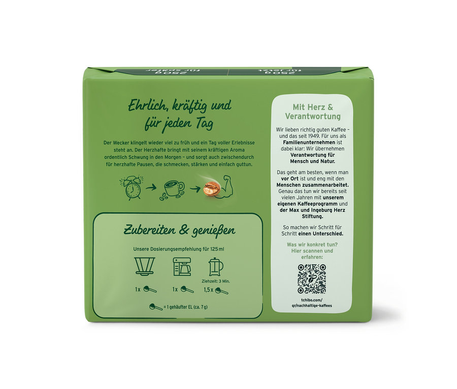 Yeşil Der Herzhafte - 500 g öğütülmüş ve Der Herzhafte - 9 x 500 g öğütülmüş paketinin üzerinde hazırlama talimatları var.