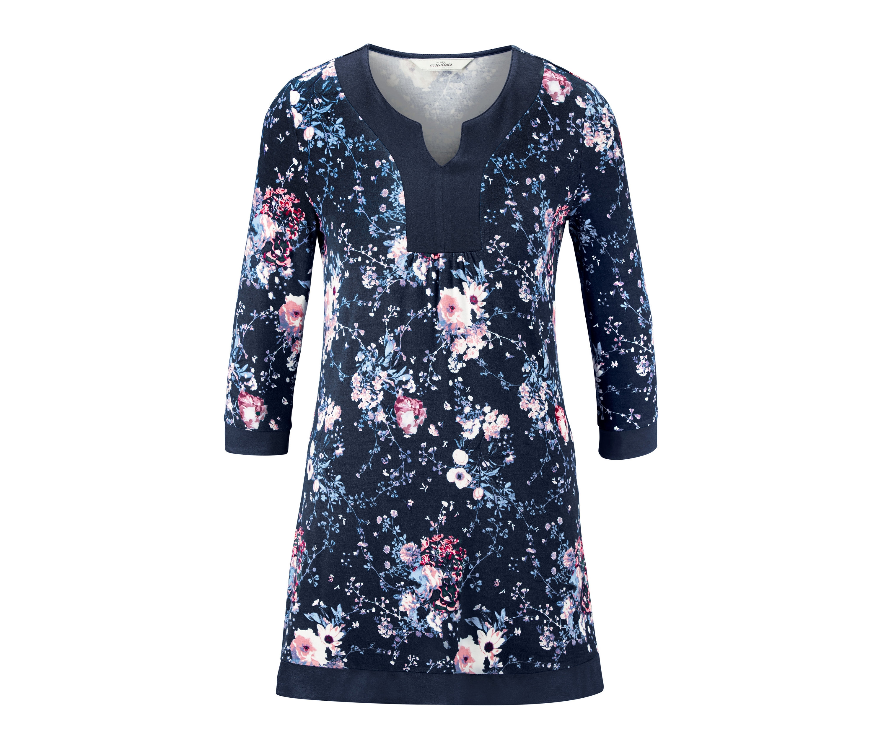 Lacivert zemin üzerinde çiçek baskıları olan uzun tişört.