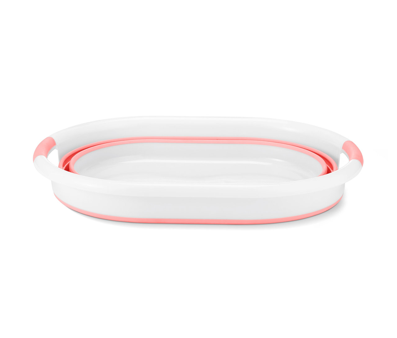 Pembe detaylara sahip beyaz, katlanabilir çamaşır sepeti.