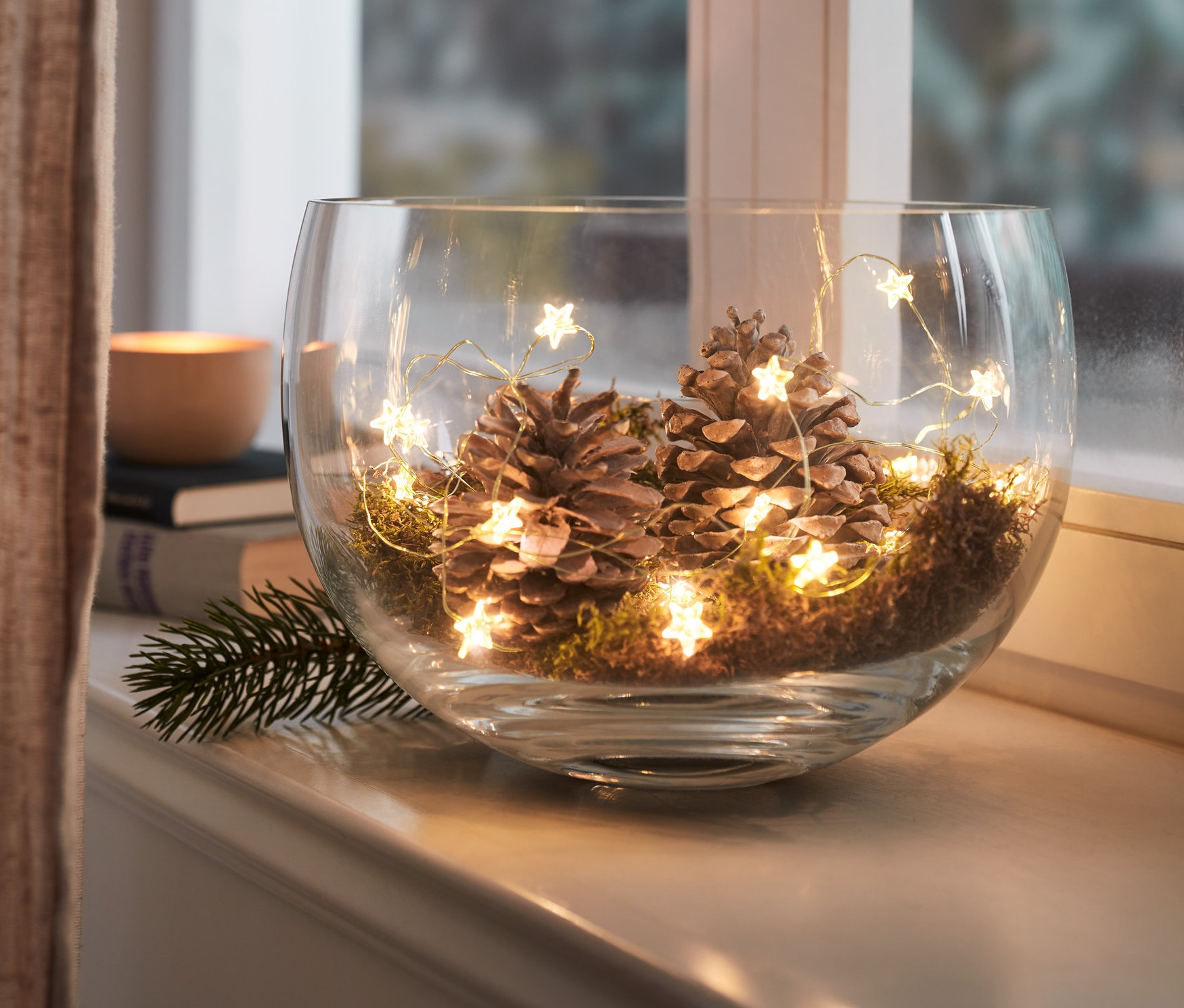 Cam kase içinde kozalaklar, yosun ve Led Mikro Işık Zinciri »Yıldızlar«.