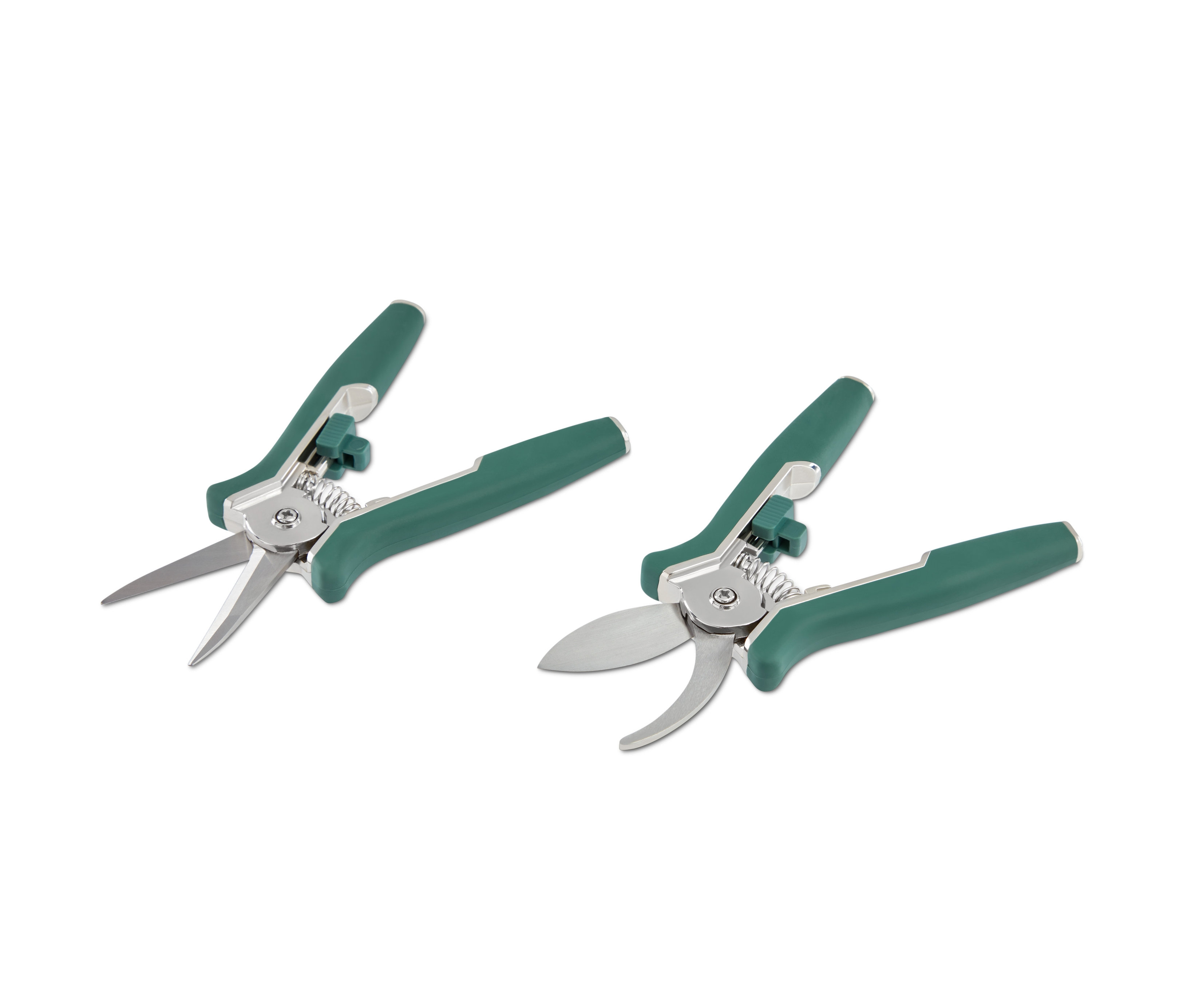 Beyaz bir arka plan üzerinde yeşil saplı iki adet Mini Bahçe Makası Seti.