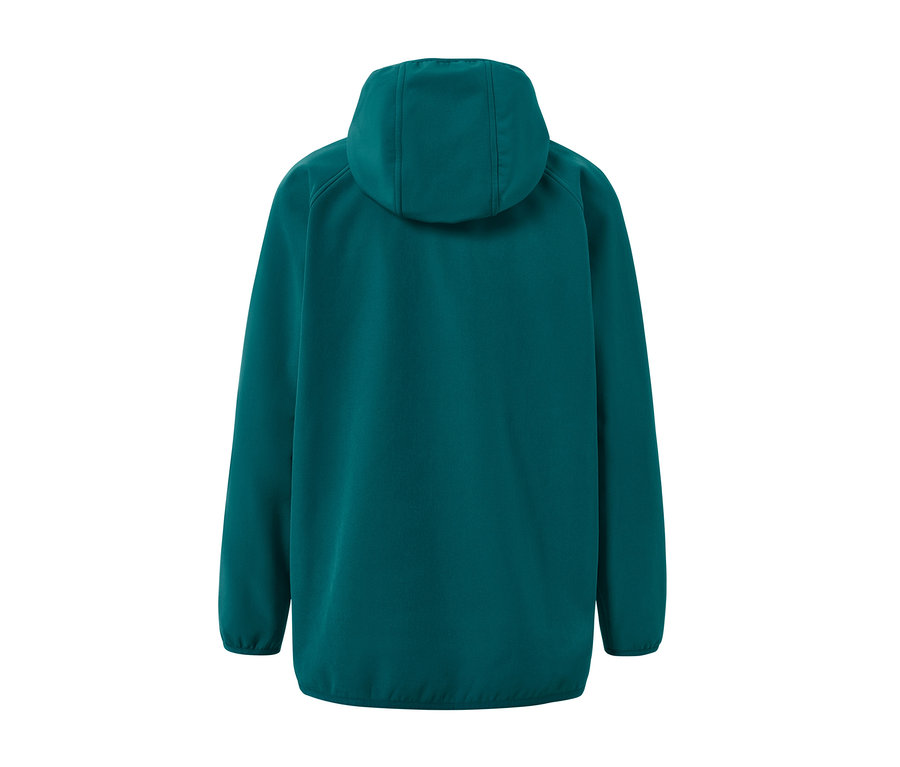 Kapüşonlu softshell montun arka görünümü.