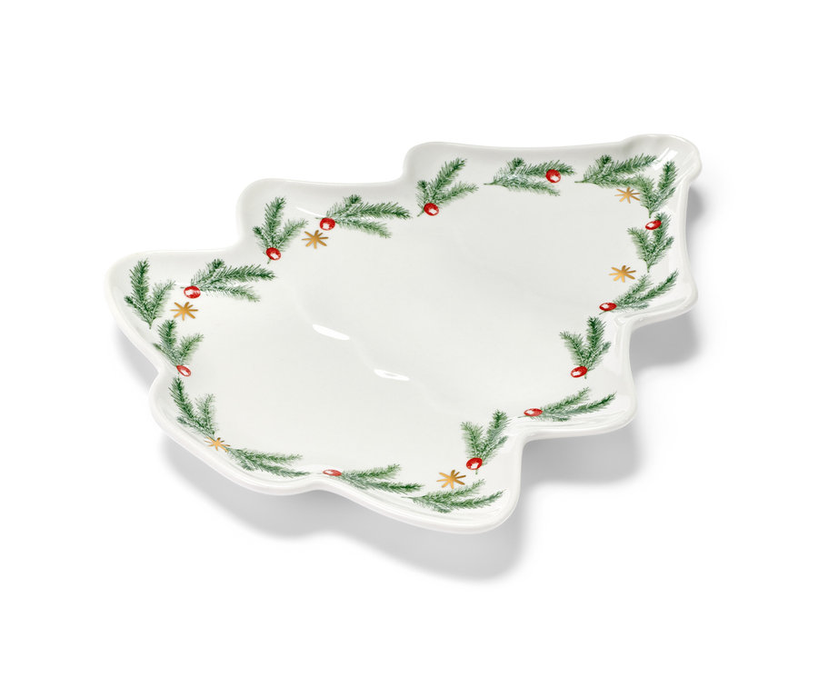 Çam ağacı şeklinde, dal ve meyve desenli tabak.