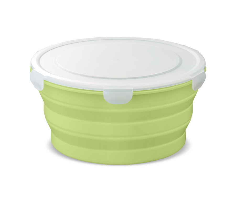 Beyaz kapaklı yeşil katlanabilir salata kasesi.