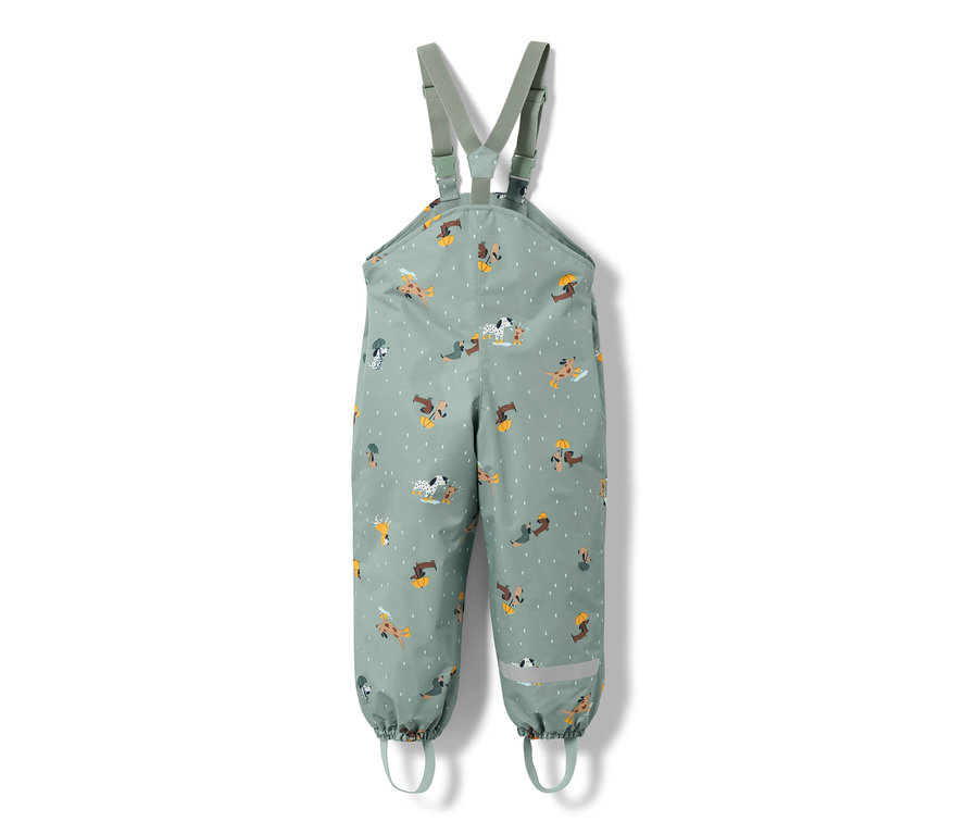 Köpek desenli yeşil çocuk termal yağmur pantolonu.