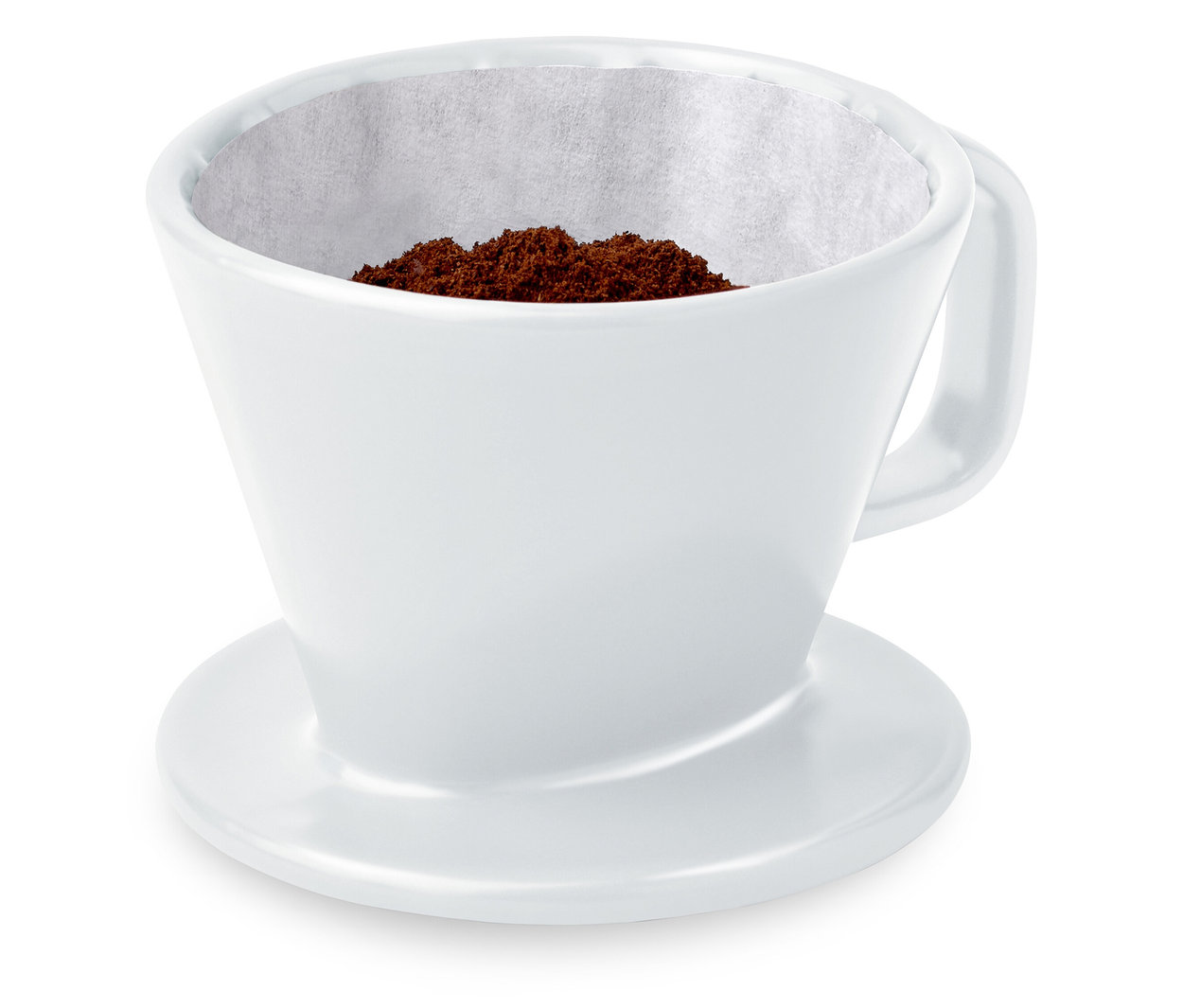 Beyaz, No. 101 filtre kahve aparatı, içinde kağıt filtre ve öğütülmüş kahve bulunuyor.